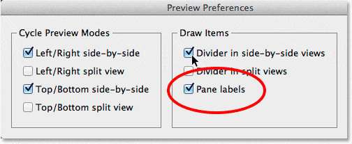 La opción Etiquetas de panel en Preferencias de vista previa.