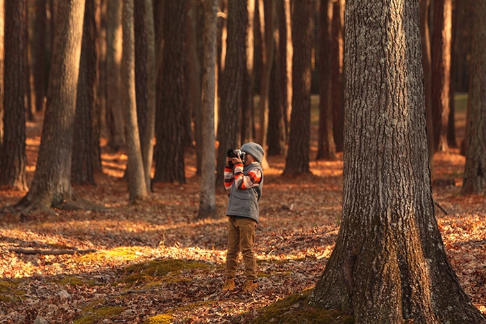 Foto de una niña tomando fotos en el bosque
