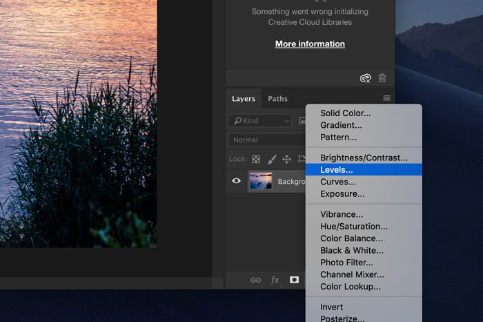 Una captura de pantalla que muestra cómo corregir la exposición de Photoshop usando capas de ajuste