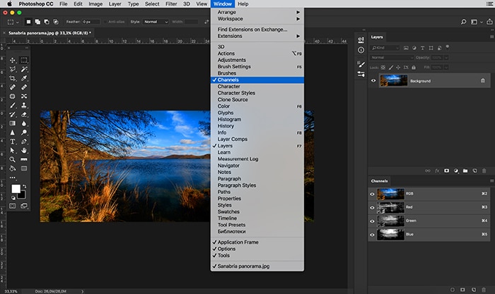 Captura de pantalla de la ventana de la paleta de canales de color en Photoshop