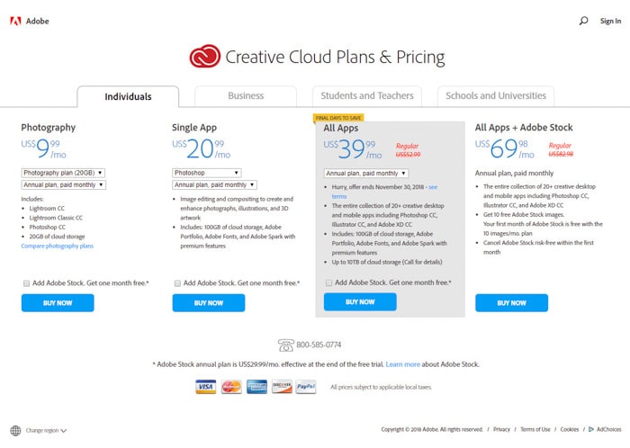 Una captura de pantalla que muestra precios y planes creativos en la nube