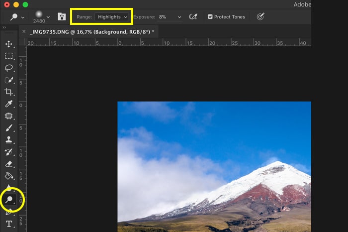 captura de pantalla que muestra cómo hacer photoshop en fotos de paisajes: esquivar y grabar