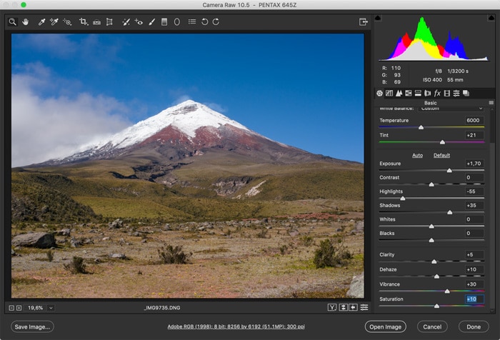 captura de pantalla que muestra cómo hacer photoshop en fotos de paisajes: saturación y colores