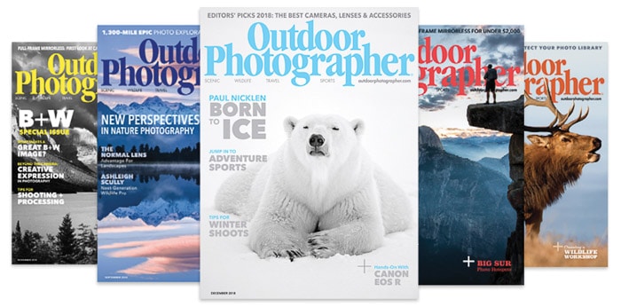 Cinco portadas diferentes de Outdoor Photographer: envío de fotos a revistas