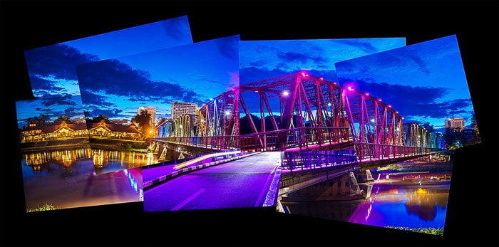 Un fotomontaje del histórico Puente de Hierro de Chiang Mai al atardecer.