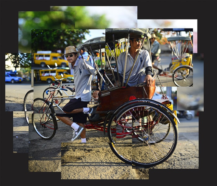 Un fotomontaje compuesto de un taxi triciclo y su conductor en Chiang Mai, Tailandia.