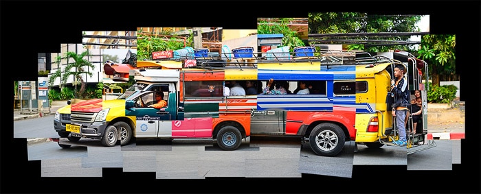 Fotomontaje del camión taxi Dong Teow de Chiang Mai.