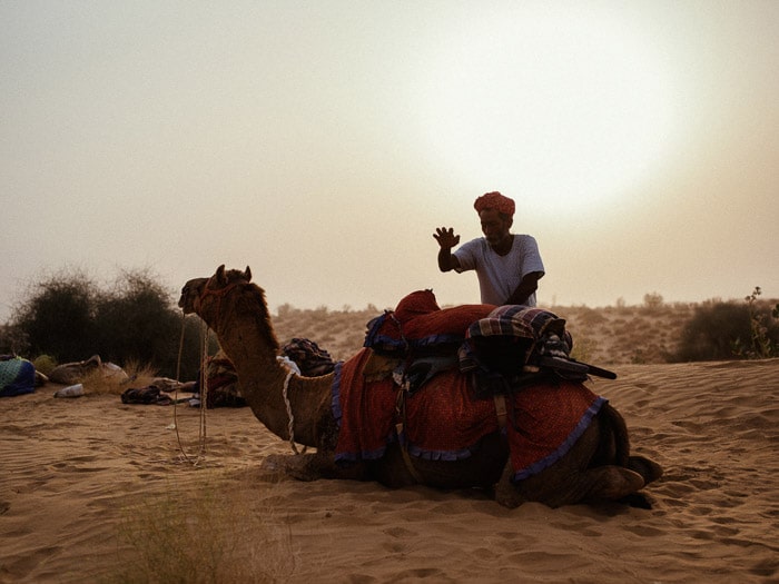 Un retrato de un hombre de pie junto a un camello en el desierto, con un hermoso destello de lente detrás de él.