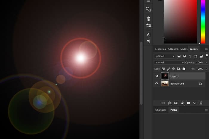 Captura de pantalla que muestra cómo agregar destellos de lente en Photoshop