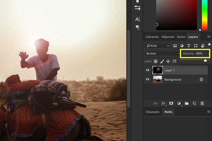 Captura de pantalla que muestra cómo agregar reflejos de lente en Photoshop - nueva capa
