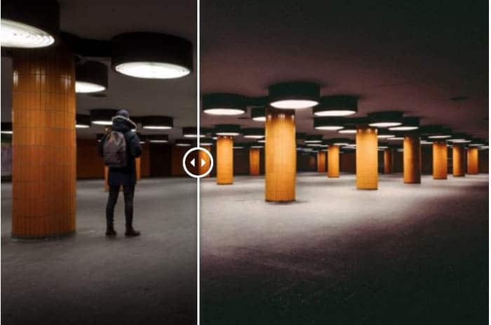 Un hombre en una plataforma del metro, que se muestra con un ajuste preestablecido de Lightroom antes y después