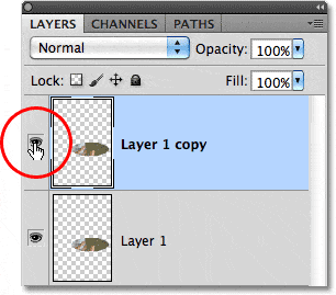 El icono de visibilidad de la capa en el panel Capas en Photoshop.