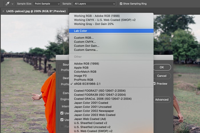 una captura de pantalla que muestra cómo configurar Lab Color en Photoshop