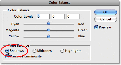 La opción 'Sombras' en el cuadro de diálogo Balance de color.