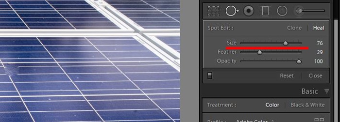 una captura de pantalla que muestra cómo usar la herramienta de clonación en lightroom para editar fotos: ajustar el tamaño del pincel