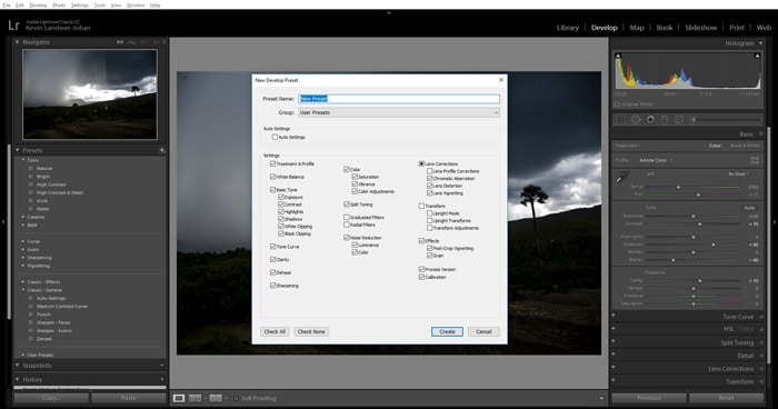 Una captura de pantalla que muestra cómo utilizar los ajustes preestablecidos de desarrollo de Lightroom