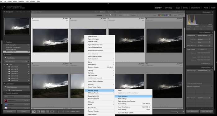Una captura de pantalla que muestra cómo utilizar los ajustes preestablecidos de desarrollo de Lightroom