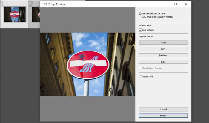 Una captura de pantalla del uso de la combinación de Lightroom HDR