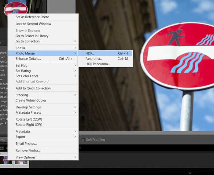 Una captura de pantalla del uso de la combinación de Lightroom HDR