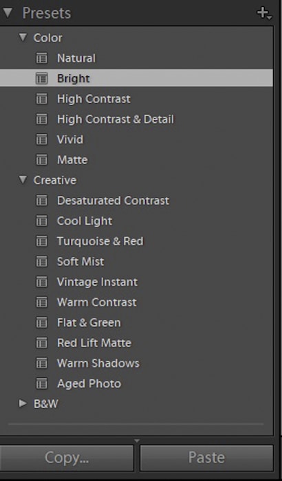 Captura de pantalla de cómo aplicar ajustes preestablecidos a su archivo HDR en Lightroom