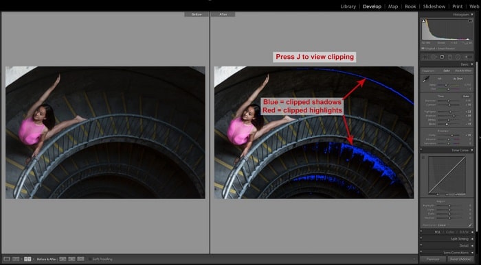 Captura de pantalla del uso de los métodos abreviados de teclado de Lightroom para editar una foto de una niña posando en una escalera