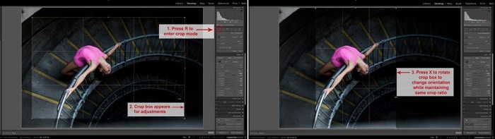 Captura de pantalla del uso de un acceso directo de Adobe Lightroom para una edición más rápida