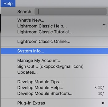 una captura de pantalla que muestra cómo verificar la información del sistema en Lightroom