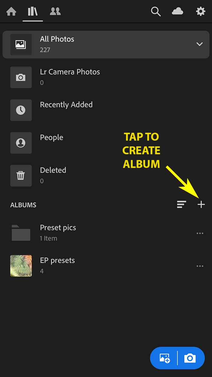 Captura de pantalla que muestra cómo agregar un nuevo álbum en la aplicación Lightroom