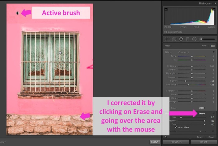 Una captura de pantalla que muestra cómo usar la herramienta Pincel de ajuste de Lightroom