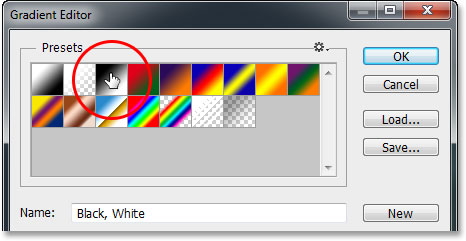 Seleccionando el degradado blanco y negro del editor de degradado en Photoshop.