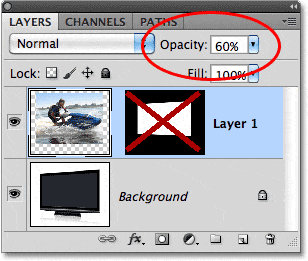 La opción de opacidad de la capa en el panel Capas de Photoshop.