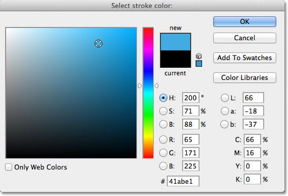 Elegir azul claro en el Selector de color en Photoshop.  Imagen © 2012 Photoshop Essentials.com.
