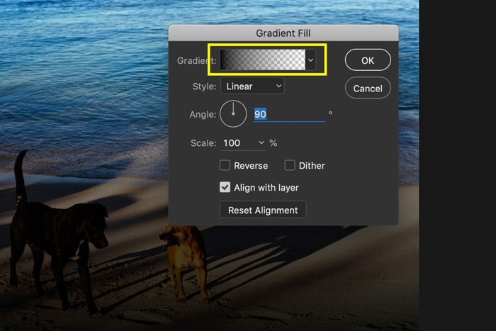 Una captura de pantalla de cómo agregar fugas de luz a una foto en Photoshop - editor de degradado