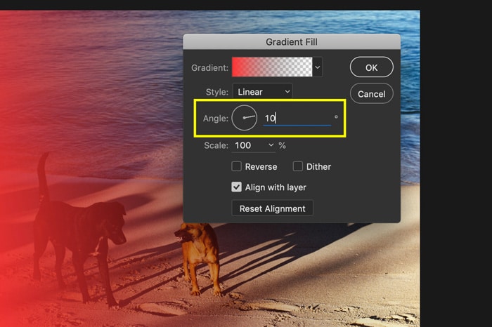 Una captura de pantalla de cómo usar el relleno degradado para agregar fugas de luz a una foto en Photoshop 