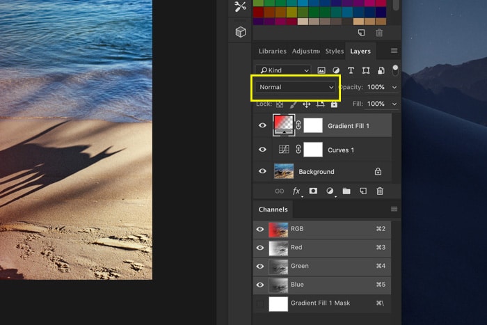 Una captura de pantalla de cómo agregar fugas de luz a una foto en Photoshop: cambiar el modo de fusión