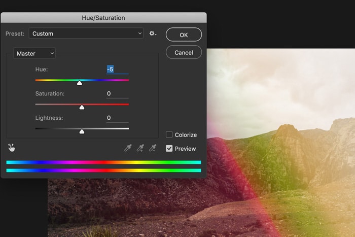 Una captura de pantalla que muestra cómo usar las superposiciones de fugas de luz en Photoshop: tono / saturación