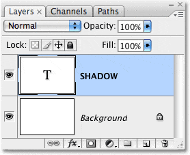 La paleta Capas en Photoshop que muestra el texto en su propia capa.  Imagen © 2009 Photoshop Essentials.com