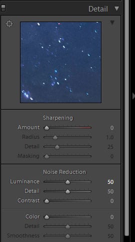 Una captura de pantalla de cómo utilizar la reducción de ruido en Lightroom