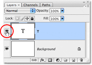 El icono de Visibilidad de capa en la paleta Capas en Photoshop.  Imagen © 2008 Photoshop Essentials.com.