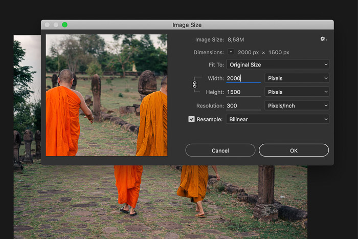 Una captura de pantalla que muestra cómo ajustar el tamaño de la imagen en Adobe Photoshop 