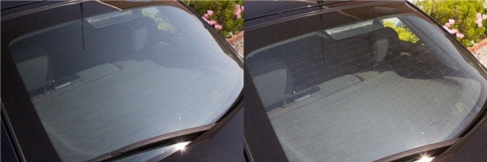 Un díptico de la misma foto de la ventanilla del coche en un día soleado, antes y después de utilizar un filtro polarizador.