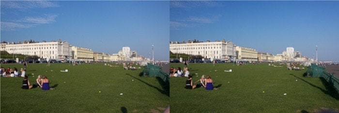 Un díptico de la misma foto de personas sentadas en un parque cubierto de hierba en un día soleado, antes y después de usar un filtro polarizador.