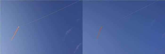 Un díptico de la misma foto de una cometa volando en un cielo azul en un día soleado, antes y después de usar un filtro polarizador.