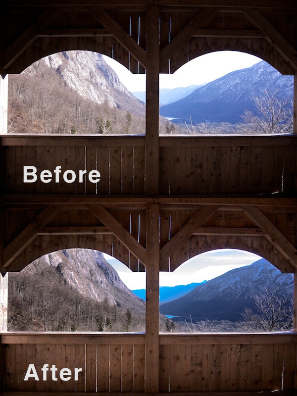 Una foto de antes y después del uso de las herramientas Burn & Dodge en lugar de HDR