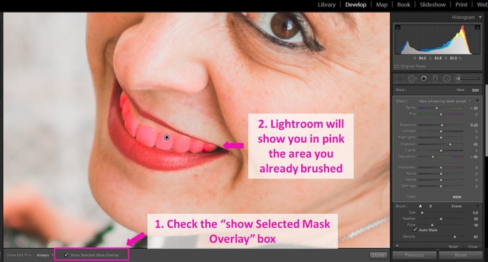 Una captura de pantalla que muestra cómo blanquear los dientes en Lightroom mediante el ajuste del cepillo