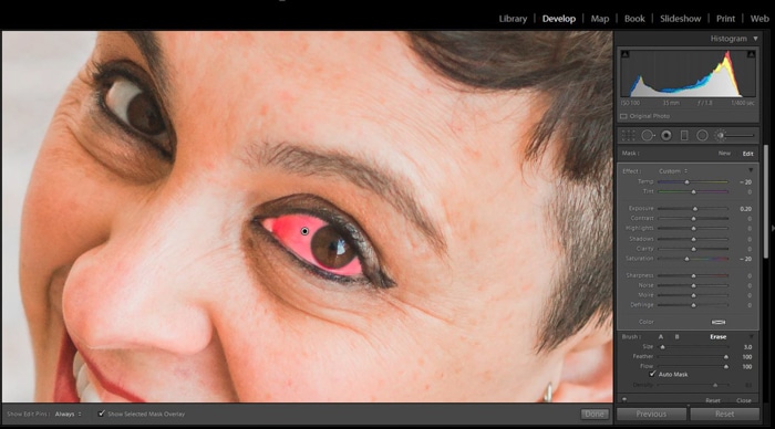 Una captura de pantalla que muestra cómo blanquear los ojos en Lightroom