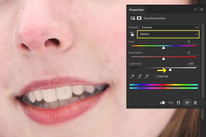 Una captura de pantalla que muestra cómo aclarar los dientes mediante el ajuste de saturación de tono en Photoshop