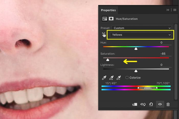 Una captura de pantalla que muestra cómo hacer una capa de ajuste para obtener dientes blancos en Photoshop