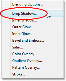 Efectos de texto de Adobe Photoshop: seleccionando Sombra paralela de la lista de Estilos de capa.