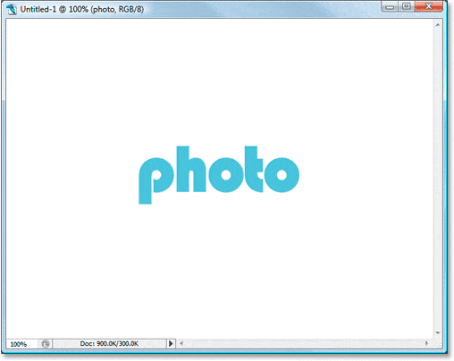 Efectos de texto de Adobe Photoshop: escribir la palabra 'foto' en la ventana del documento.